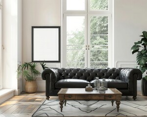 Mid-Century modern living room Interior Design, A coffee table beside attractive sofa. The wall of home decor with a beautiful poster frame.