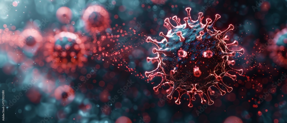 Aufkleber An abstract blue futuristic guard shield is attacked by red viruses. An immune system and virus protection concept. Low poly digital style like a blue geometric background wireframe structure Modern