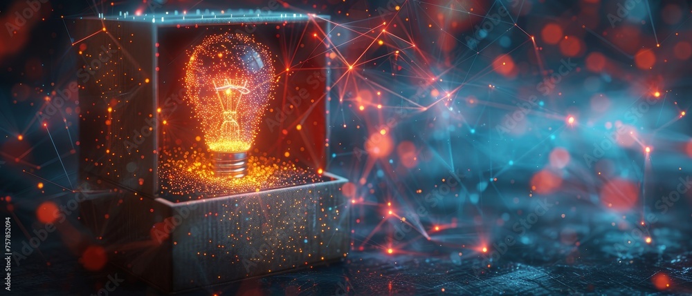 Aufkleber Light bulb in an abstract open box. Geometric background. Wireframe light connection structure. Modern 3D graphic concept. Isolated  illustration.