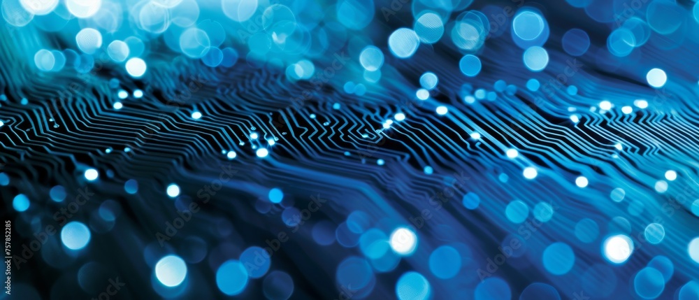 Poster Electronic computer hardware design. Digital chip on the motherboard. Computer science background. Communication processor integrated. Information engineering component. Blue hue.