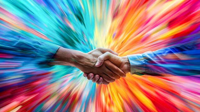 Two people shaking hands against a dynamic and colorful swirled background symbolizing energy and connection