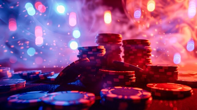 Intricate arrangement of casino poker chips amidst a backdrop of dazzling bokeh lights creating a festive atmosphere