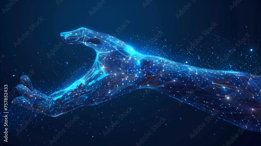 Aufkleber An arm and a hand fabricated by a robot. Modern technologies. Low poly blue. Polygonal abstract illustration of a starry sky or the Cosmos.  image in RGB color.