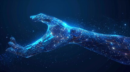 An arm and a hand fabricated by a robot. Modern technologies. Low poly blue. Polygonal abstract illustration of a starry sky or the Cosmos.  image in RGB color. - obrazy, fototapety, plakaty