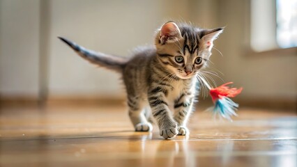 Naklejka premium Generative ai. A playful kitten chasing after a feather toy