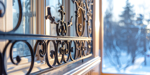 Elegant Wrought Iron Window Grill. Close-up of ornate wrought iron window grill. Decorative and protective wrought iron grids.