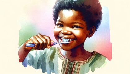 Watercolor portrait of a happy African girl brushing her teeth, her smile reflecting the joy and simplicity of a healthy daily routine. International Dentist Day. National Brush Day.