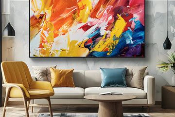 Design a 16:9 wall art mockup featuring an abstract oil painting with rich colors , living room.