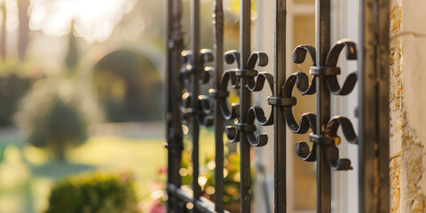 Elegant Wrought Iron Window Grill. Close-up of ornate wrought iron window grill. Decorative and protective wrought iron grids.