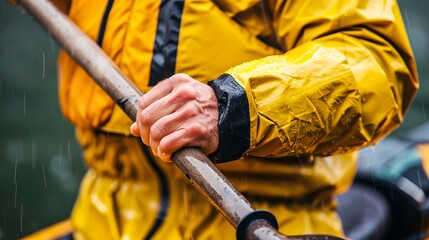 Detailed image showing a person's hands paddling a kayak, wearing a waterproof, vibrant yellow jacket amidst the rain