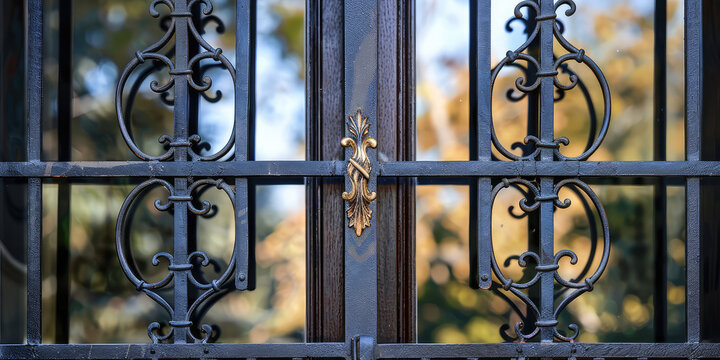 Elegant Wrought Iron Window Grill. Close-up of ornate wrought iron window grill. Decorative and protective wrought iron grids.