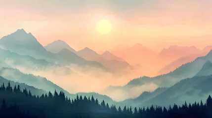 Foto op Plexiglas misty sunrise silhouette over a mountain range, pastel colours © Mizangraphics2046