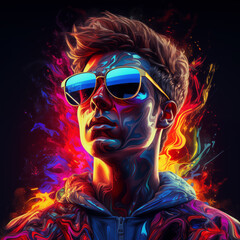 Man in glasses on neon colors background