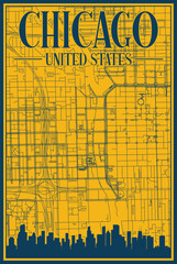 Yellow and blue hand-drawn framed poster of the downtown CHICAGO, UNITED STATES OF AMERICA with highlighted vintage city skyline and lettering