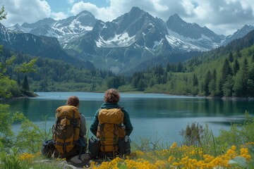 Two Hikers With Backpacks Enjoying Scenic Lake View