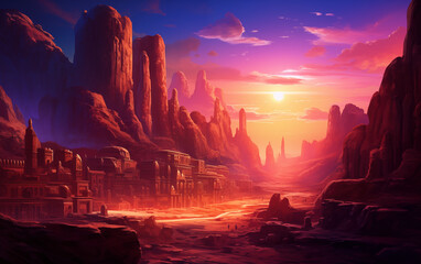 ancient desert city at sunset. - obrazy, fototapety, plakaty