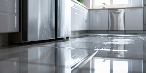 Leaking Refrigerator in Modern Kitchen. Puddle of water under refrigerator indicating a leak, water on floor. Kitchen appliance breakdown.