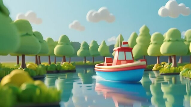 3D illustration of boat on the river with tree landscape
