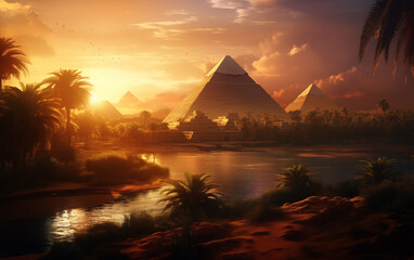 Oasis and pyramids in the background in sunlight.