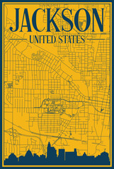 Yellow and blue hand-drawn framed poster of the downtown JACKSON, UNITED STATES OF AMERICA with highlighted vintage city skyline and lettering