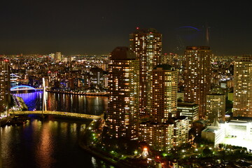 Tokyo at night scityscape from skyscraper river bridges