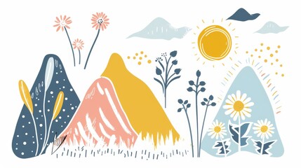 Naklejka premium Abstract serene illustration featuring layered mountains with a warm sun and blooming flowers in a calming color palette, invoking a sense of peace and nature's beauty. Great as banner design.