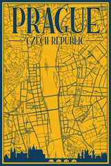 Yellow and blue hand-drawn framed poster of the downtown PRAGUE, CZECH REPUBLIC with highlighted vintage city skyline and lettering
