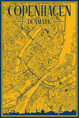 Yellow and blue hand-drawn framed poster of the downtown COPENHAGEN, DENMARK with highlighted vintage city skyline and lettering