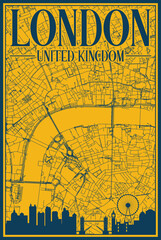Yellow and blue hand-drawn framed poster of the downtown LONDON, UNITED KINGDOM with highlighted vintage city skyline and lettering