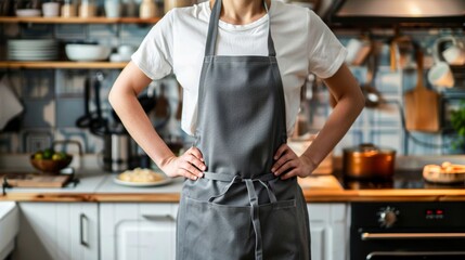 A faceless person in a gray apron stands confidently with hands on hips in a homey kitchen, evoking a sense of culinary professionalism
