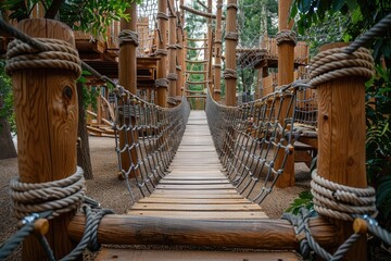 high ropes course, process of climbing in amusement activity rope park. ai generated