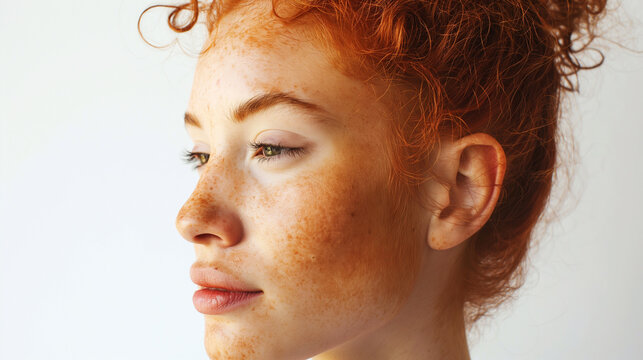 Mulatto Woman In Profile With Red Hair And Freckles On A White Background , Close-up