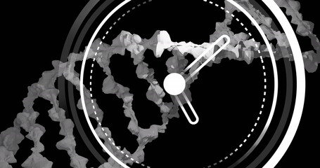 Image of clock moving over dna strand on black background