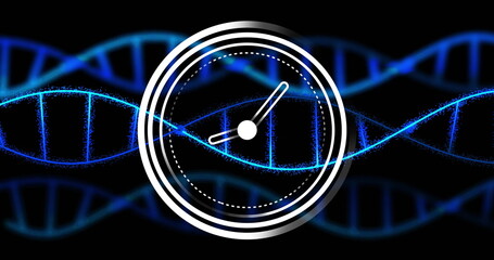 Image of clock moving over dna strands on black background