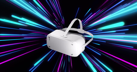 Image of vr headset over pink and blue neon light trails