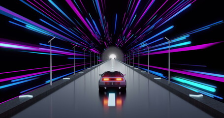 Fototapeta premium Image of car image game over pink and blue neon light trails
