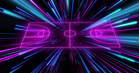 Image of pink neon sports field over pink and blue neon light trails