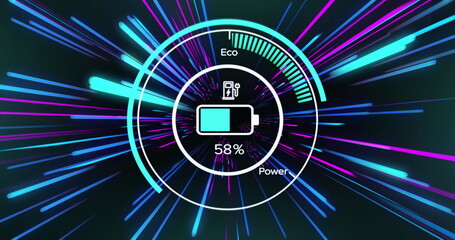 Image of electric car icons over pink and blue neon light trails