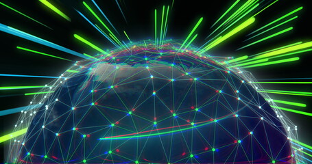 Image of network of connections with globe over green and blue neon light trails