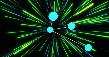 Image of network of connections with icons over green and blue neon light trails