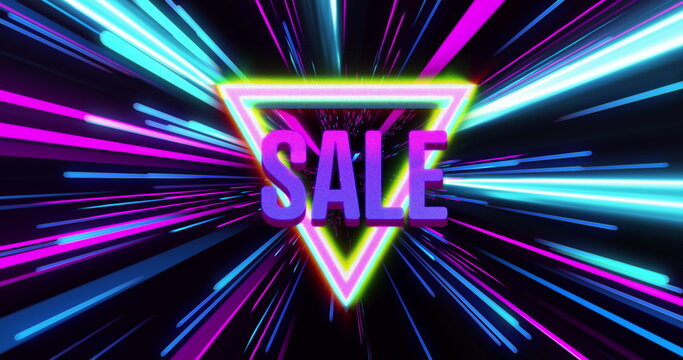 Image of sale text over pink and blue neon light trails