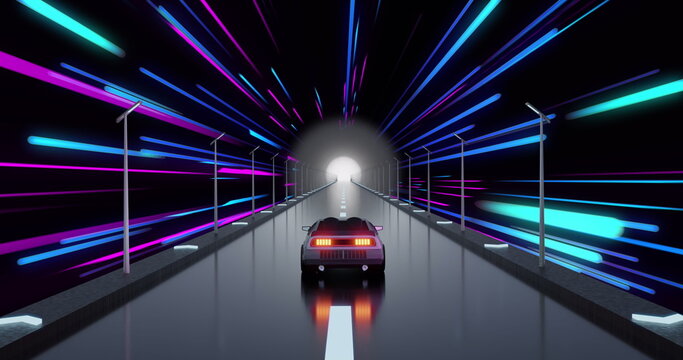 Fototapeta Image of car image game over pink and blue neon light trails