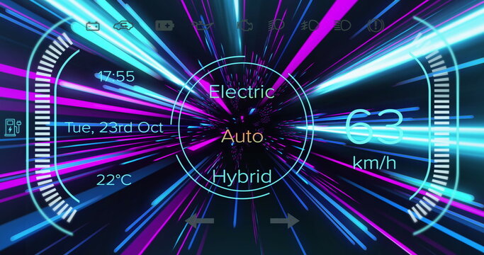 Fototapeta Image of electric car icons over pink and blue neon light trails