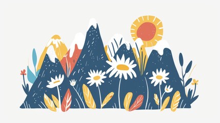 Fototapeta premium Abstract serene illustration featuring layered mountains with a warm sun and blooming flowers in a calming color palette, invoking a sense of peace and nature's beauty. Great as banner design.