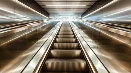 This dynamic image captures the motion of an illuminated escalator leading upwards to a light, symbolizing progress and ascent