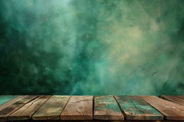 Wooden deck table on green grunge background - generative ai - obrazy, fototapety, plakaty