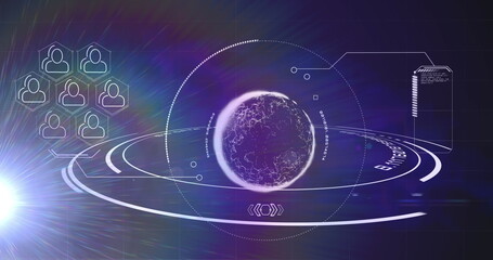 Image of people icons and globe spinning on blue background