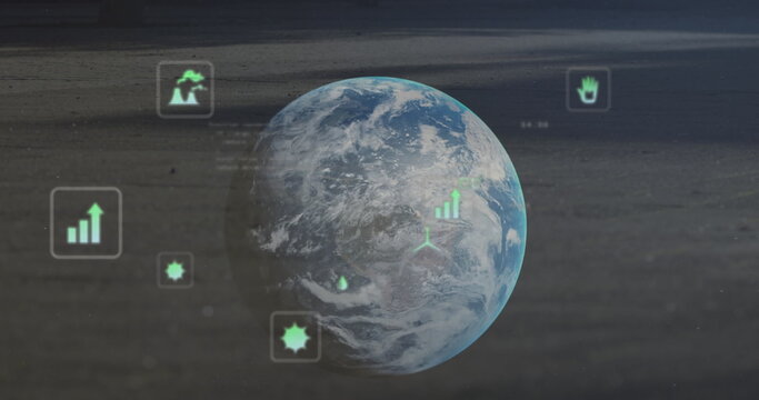 Naklejki Image of data recovery text, icons and programming language against rotating globe
