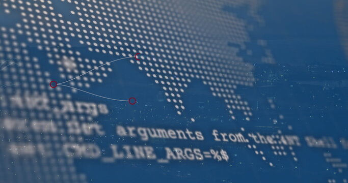Image of programming language, abstract pattern, map and globe against abstract background