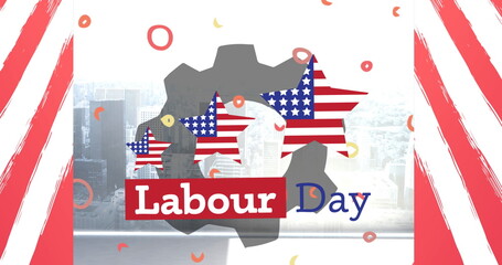 Image of labor day text over cityscape